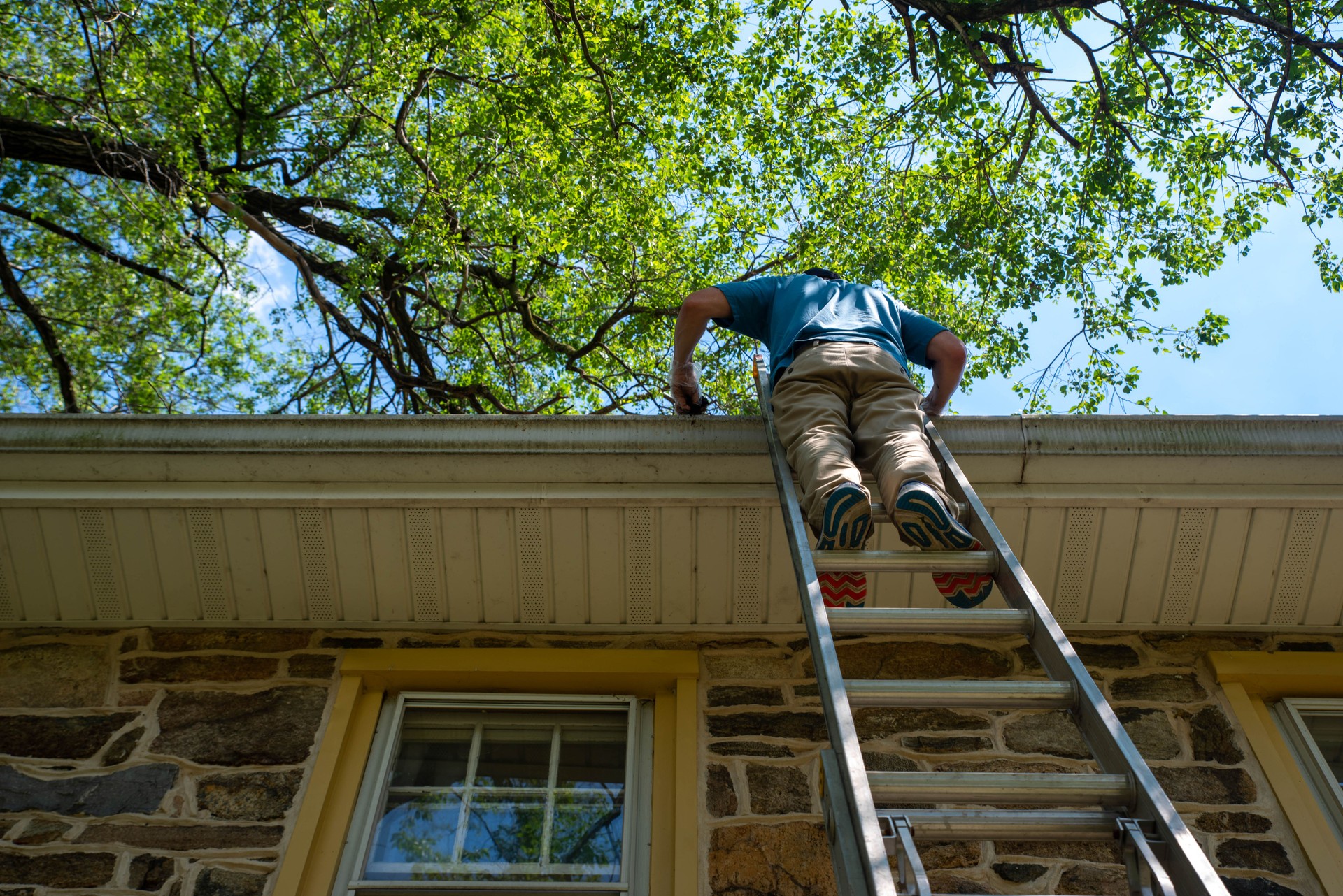 Low angle view of off center man on ladder cleaning gutters